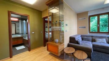 Appartamento Comfort, 1 camera da letto, balcone, vista giardino | Area soggiorno | TV a schermo piatto