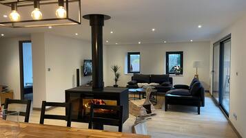 Smart TV, fireplace, books