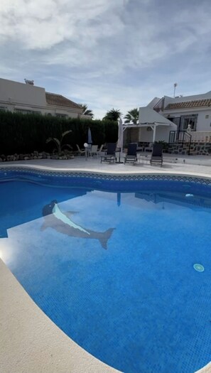 En pool med en delfin, omgiven av solstolar och en möblerad uteplats.