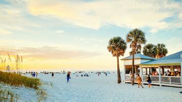 A beach scene with a covered pavilion, palm trees, and a sandy shore.