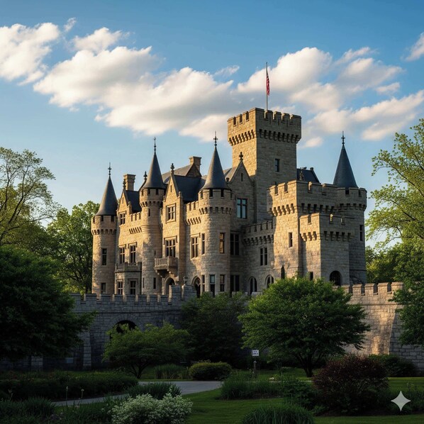 A castle-like building with multiple towers and a flag.