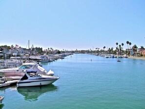 A marina with boats docked, a clear sky, and a row of buildings along the waterfront.