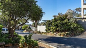 A residential street with a large tree, a white building, and a mountain in the background. - Charming Garden Cottage-campsbay (Cape Town)
