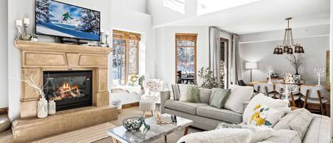 TV, fireplace, video games, foosball