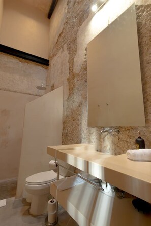 Une salle de bain avec un mur en marbre, un lavabo avec une serviette et des toilettes.