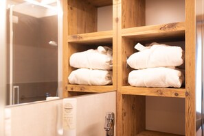 Shower, hair dryer, towels
