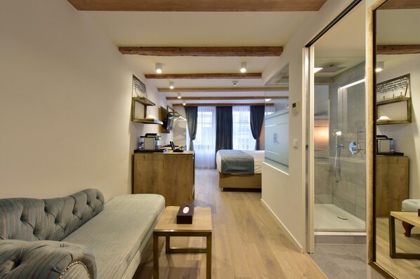 A hotel room with a sofa, a small table with a tissue box, a bed, a desk with a computer, and a shower area. - HOTEL ROUSSEAU PLUS (Geneva)
