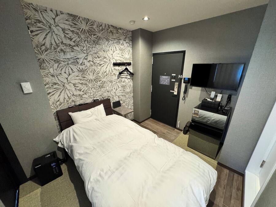 A hotel room with a bed, a desk, a chair, a wardrobe, a mirror, a television, and a door with a lock.