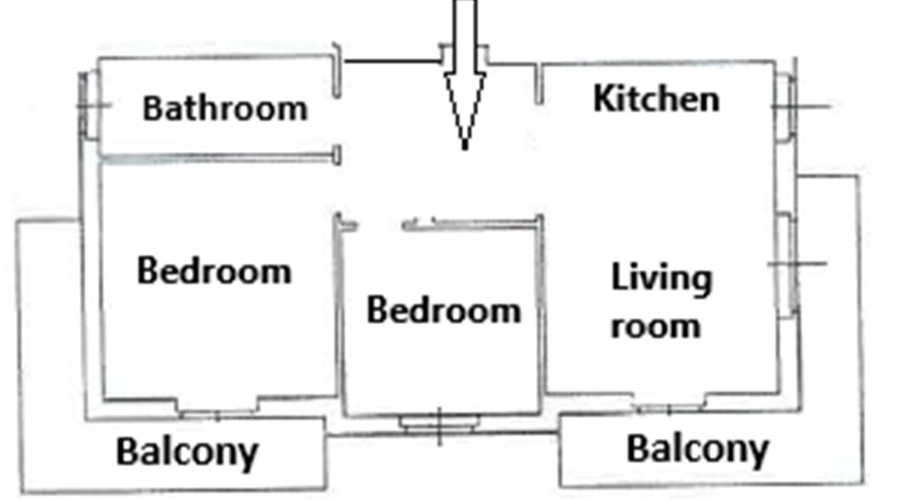 A floor plan with a bedroom, bathroom, kitchen, living room, and two balconies.