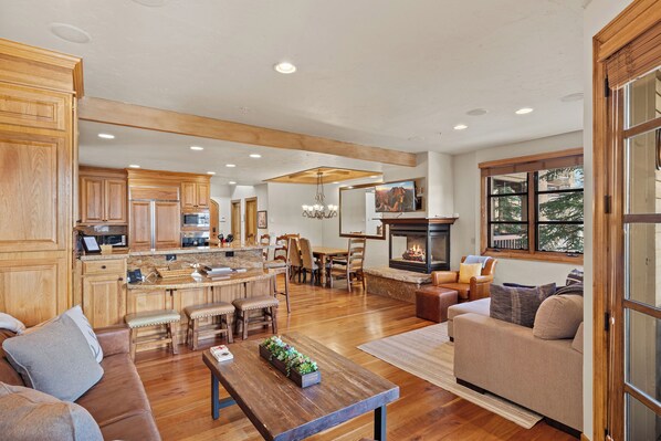 Televisión, chimenea y libros