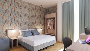 A modern hotel room with a bed, bedside tables, a wardrobe, a desk with a laptop, and a view of the outside. - The Place Vaticano 278 (Rome)