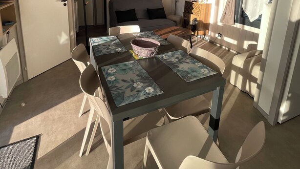 Una habitación moderna con una mesa de comedor, sillas, un sofá y una cama.