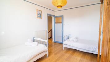 Une chambre avec deux lits simples, un plancher en bois, un radiateur, une porte et un luminaire suspendu.