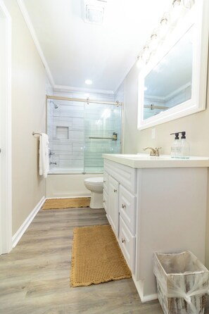 Hair dryer, towels, soap, toilet paper