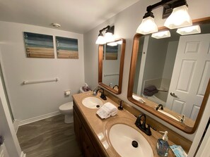 Jetted bath, hair dryer, towels, soap