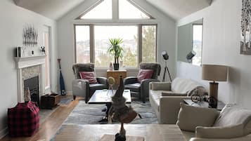 Smart TV, fireplace, books