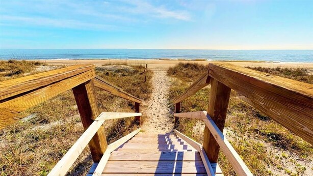 A wooden boardwalk leading to a beach with a clear view of the ocean. - Sea Colony B7-one bedroom one bath, 1st floor, oceanfront rental located in Carolina Beach with panoramic views (Carolina Beach)