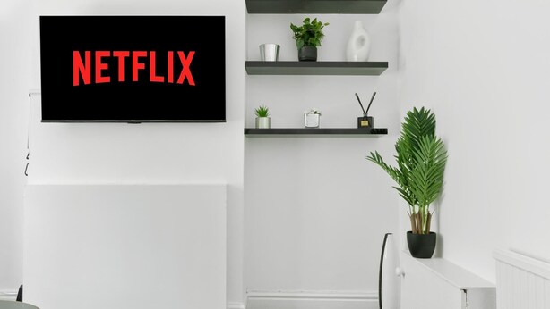 A modern living room with a mounted TV displaying "NETFLIX" in red letters, a white radiator, a grey carpet, and a potted plant on a shelf. - Leicester/1bedapart/petsok/tv/wifi/restaurantsnear (Leicester)