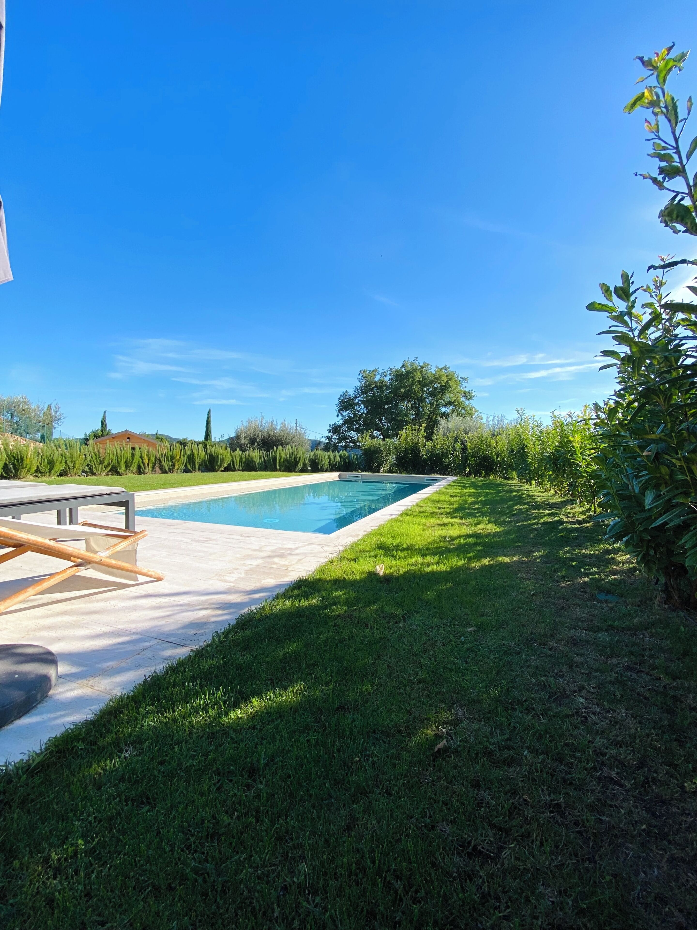 Ein Pool mit blauem Himmel, einem Rasen und einigen Bäumen.