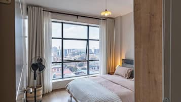 1 bedroom, desk, iron/ironing board, travel cot