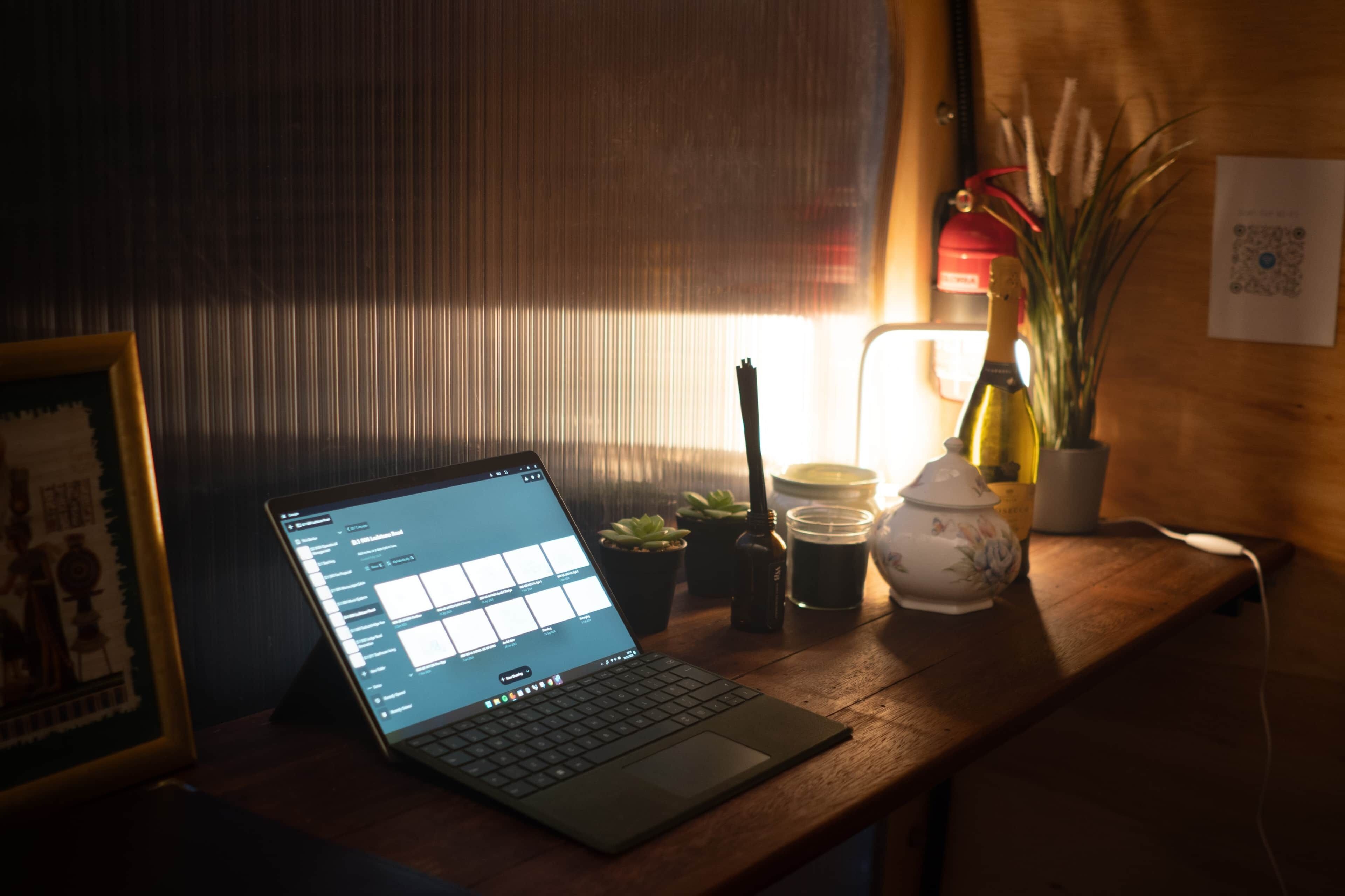 A compact desk and table inside the cabin.