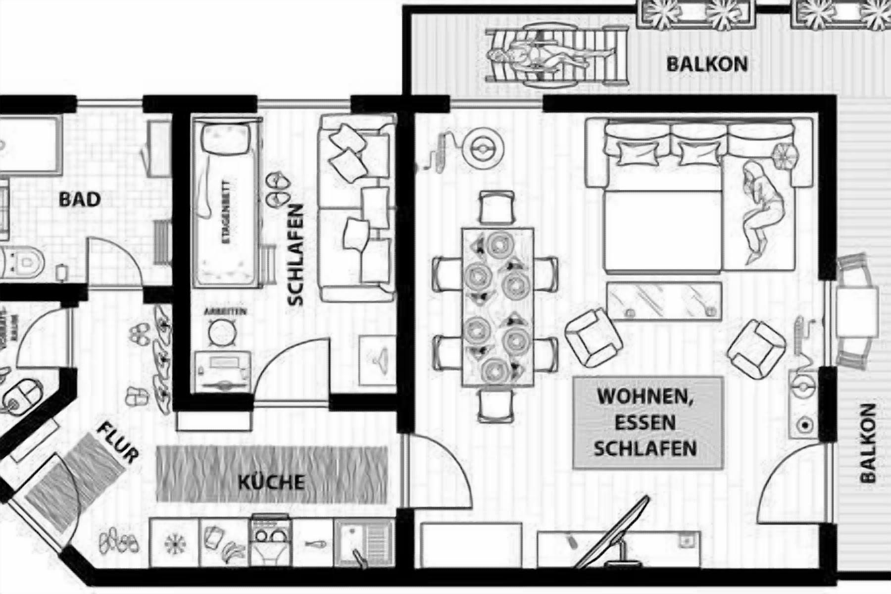 A hotel layout with a balcony, kitchen, living area, bathroom, and a dining area.