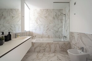 Shower, hair dryer, bidet, towels