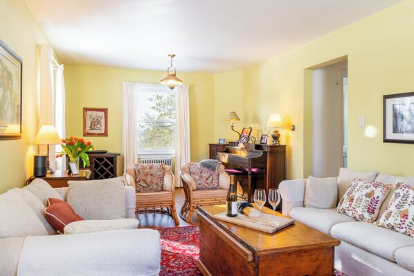 Smart TV, fireplace, books, stereo