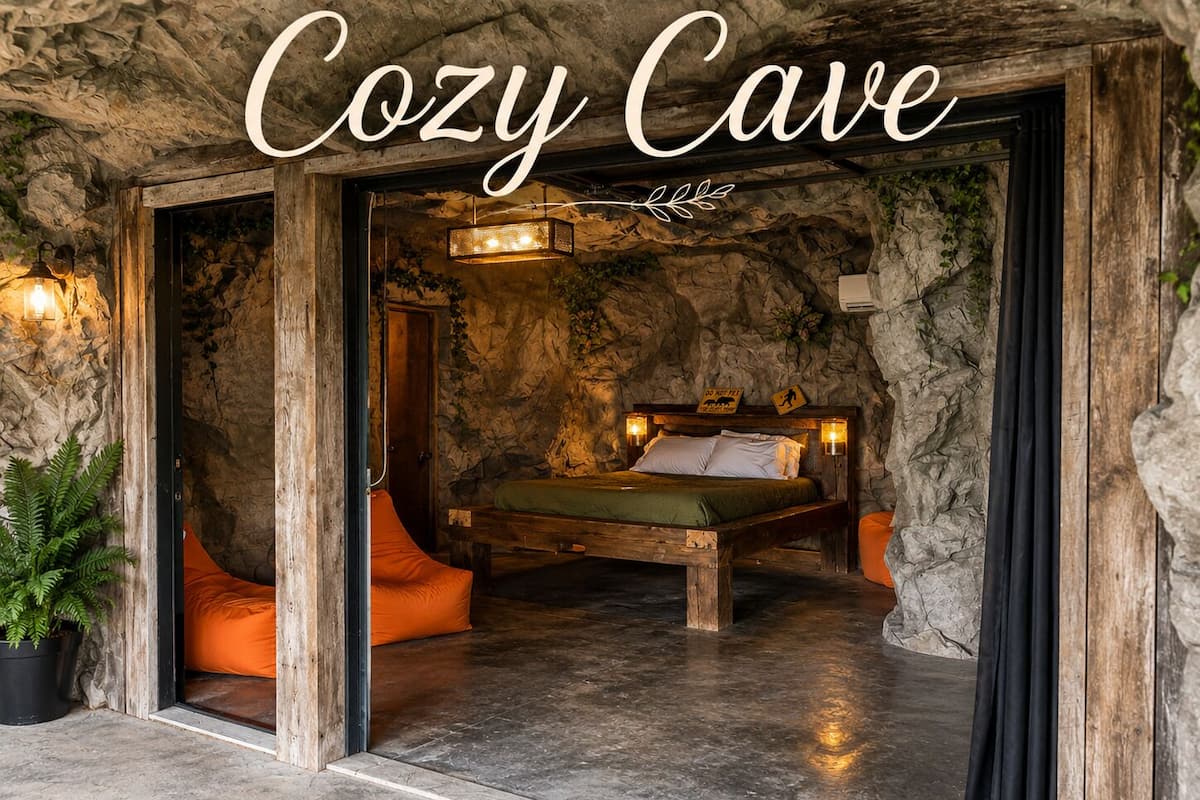 A cozy cave-themed room with a bed, pillows, and a sign indicating a do not enter area.