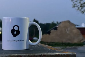 A white mug with a lock icon and the website LockRidgePark.com on a metal surface outdoors.