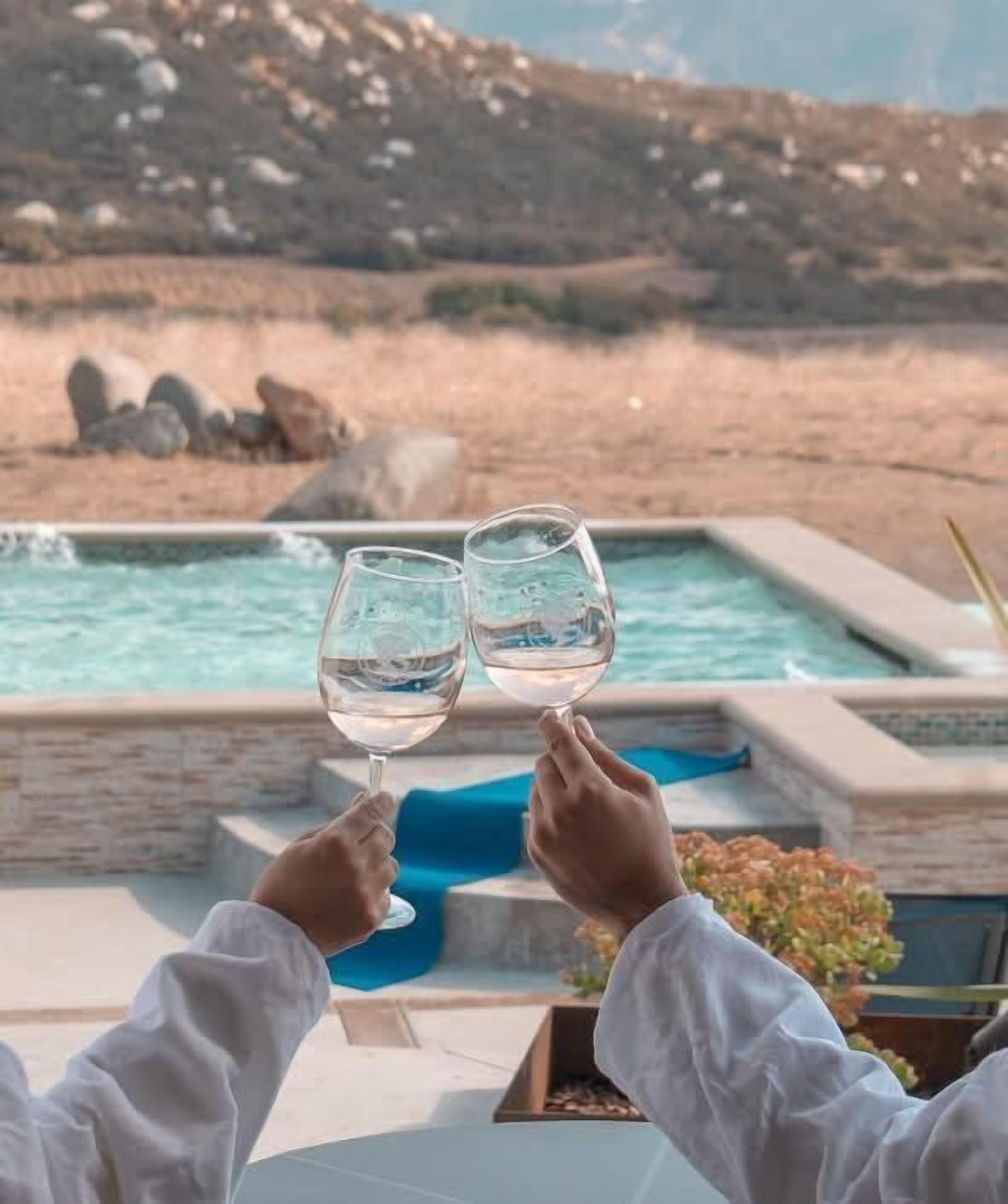 A person holding two wine glasses with a pool and a mountainous landscape in the background.