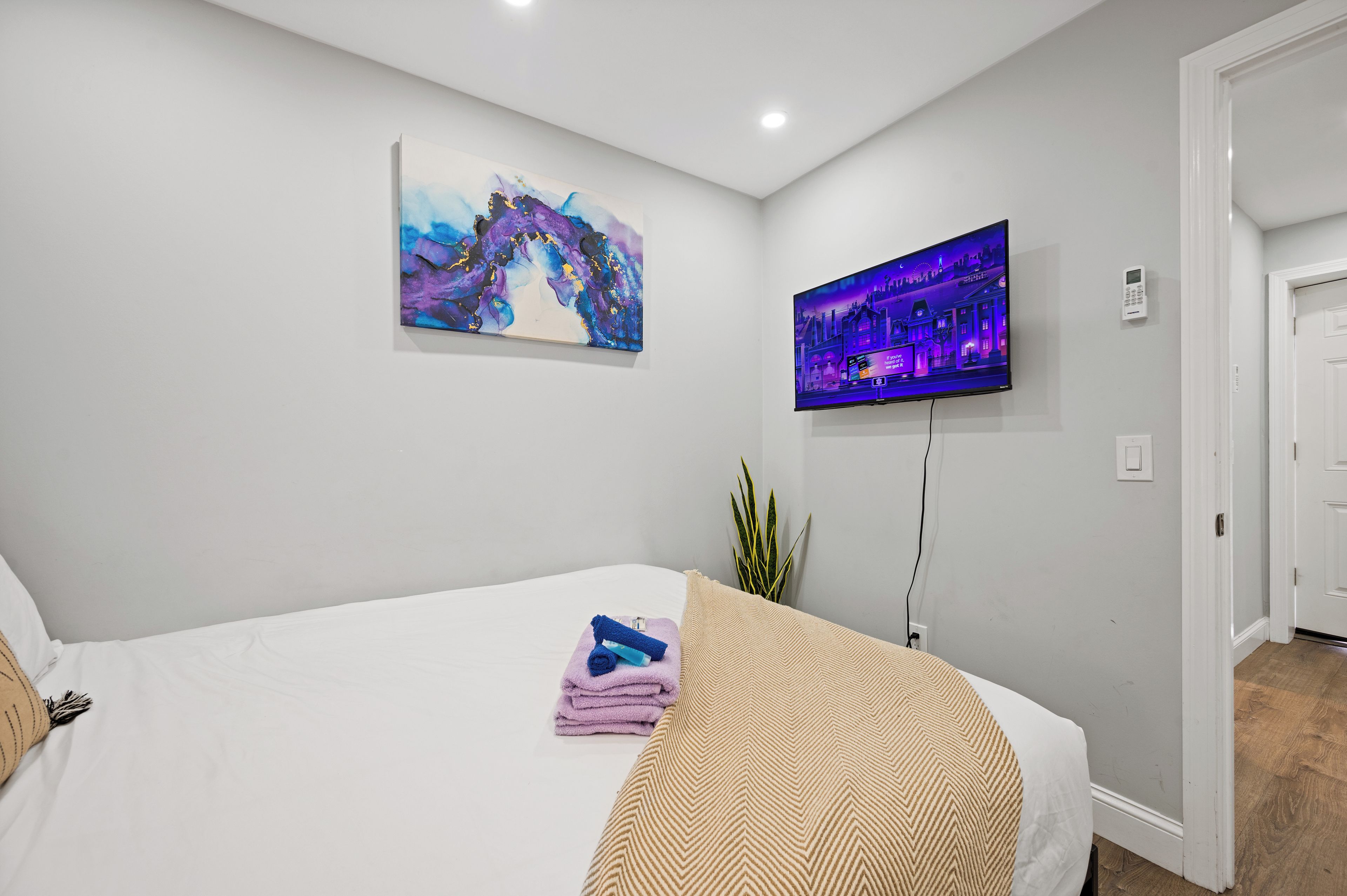 Un dormitorio con una cama, un cuadro, un televisor y una planta.