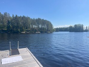 A wooden dock extending into a calm lake with a forested shoreline.