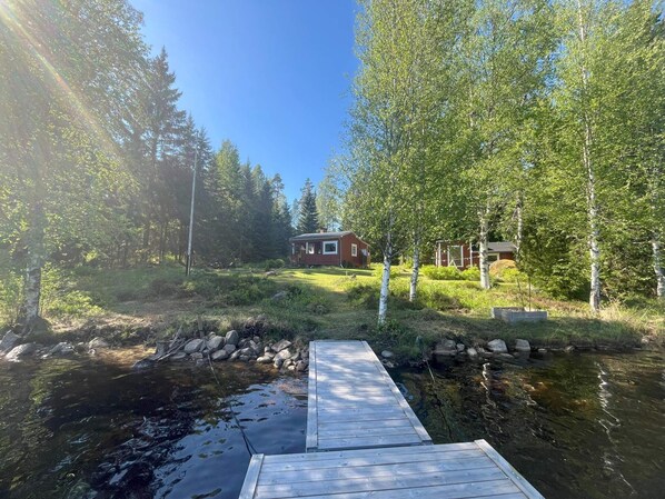 A wooden dock leading to a small house surrounded by trees and a stream.
