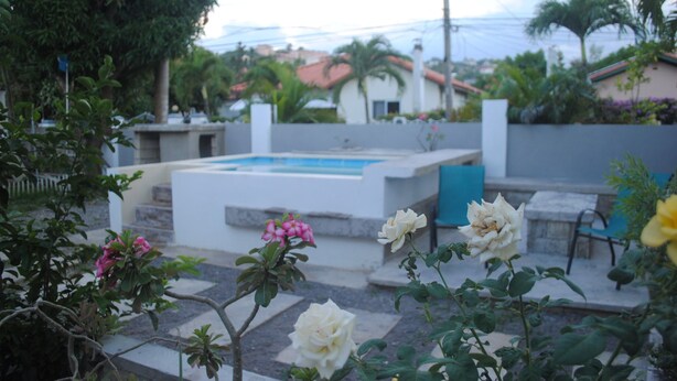 A swimming pool surrounded by a garden with various plants and flowers.