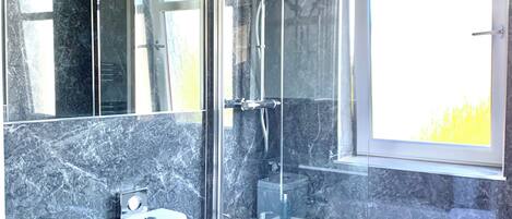 Hair dryer, towels, soap, toilet paper