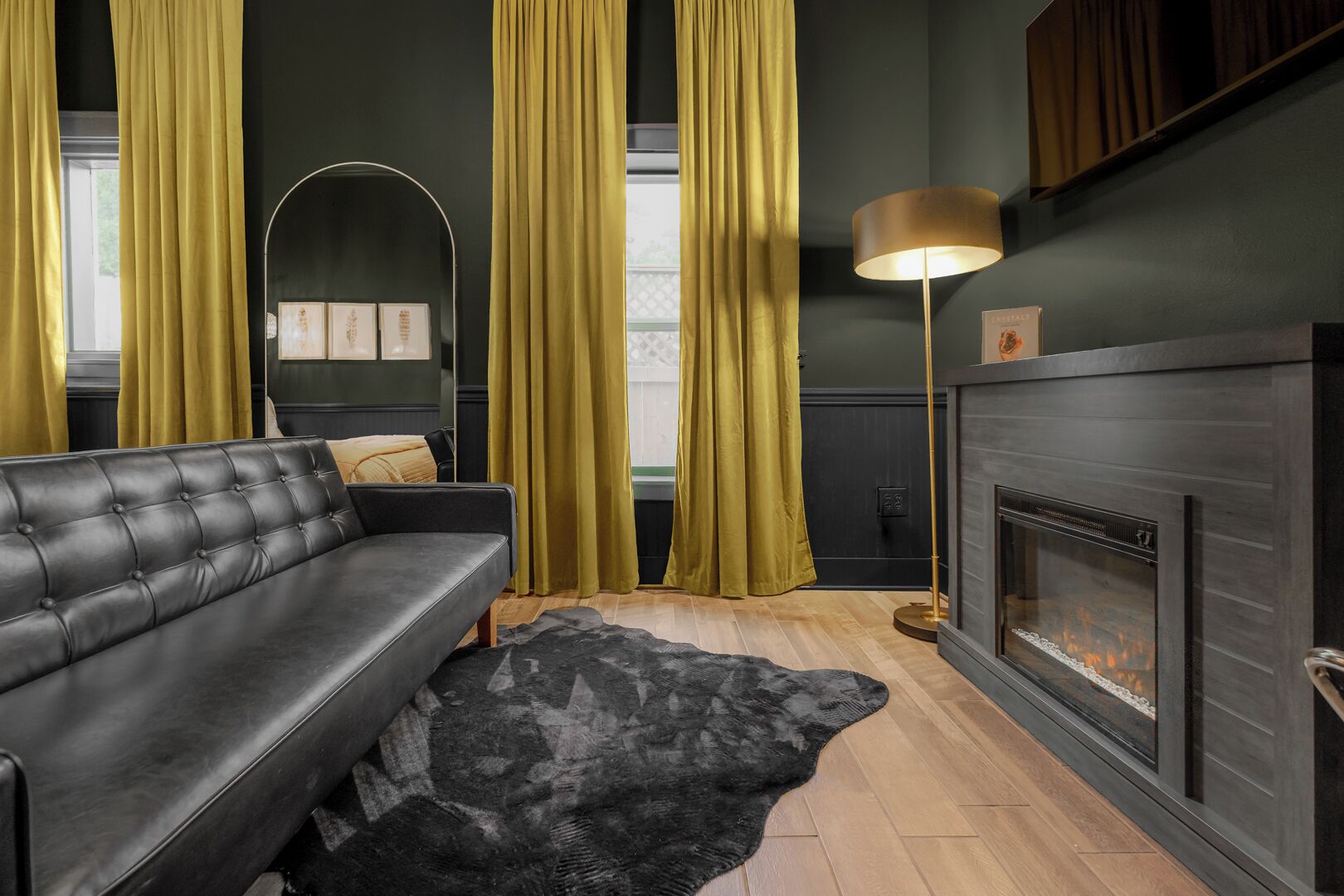 Smart TV, fireplace, books