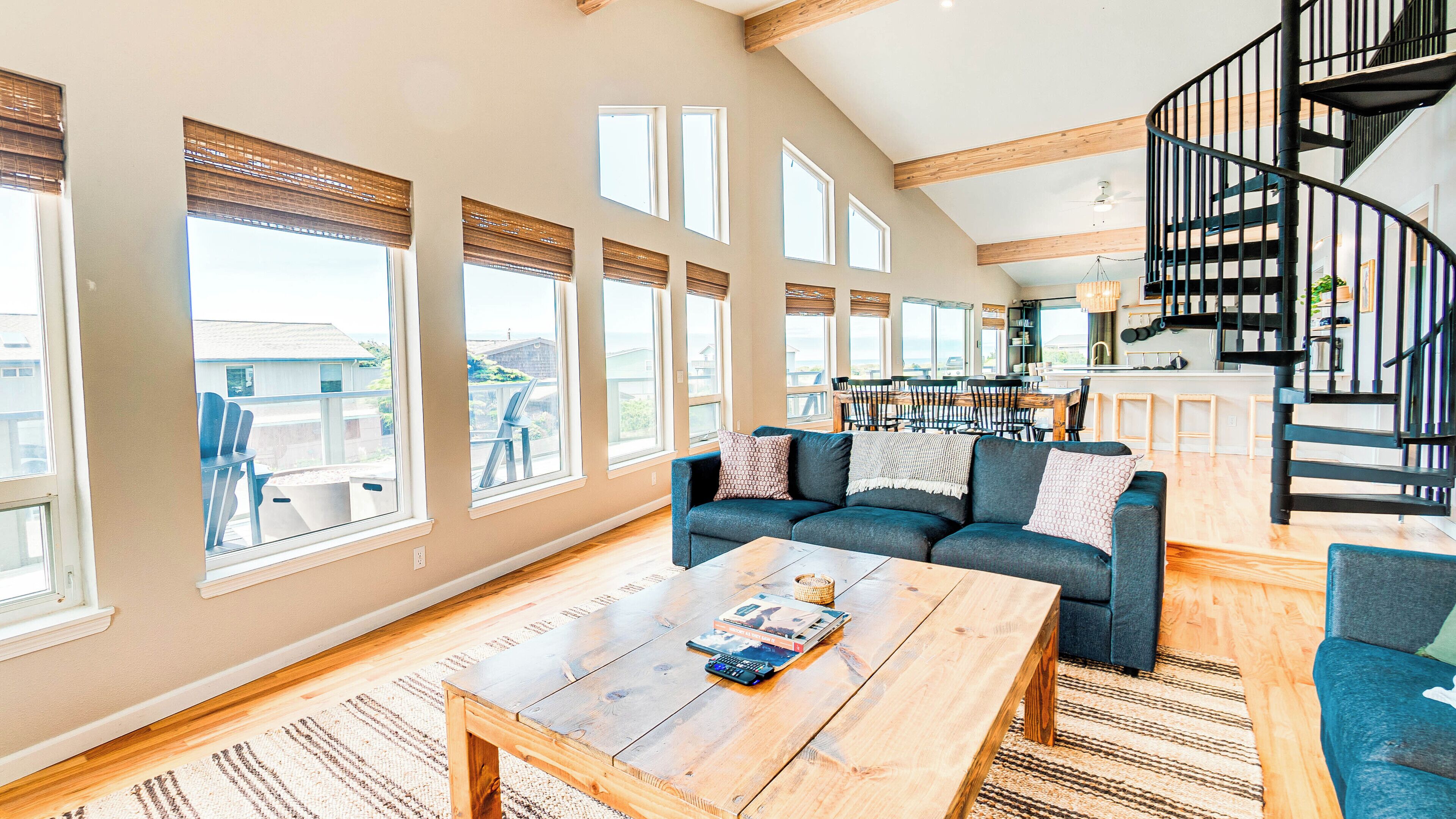 TV, fireplace, books