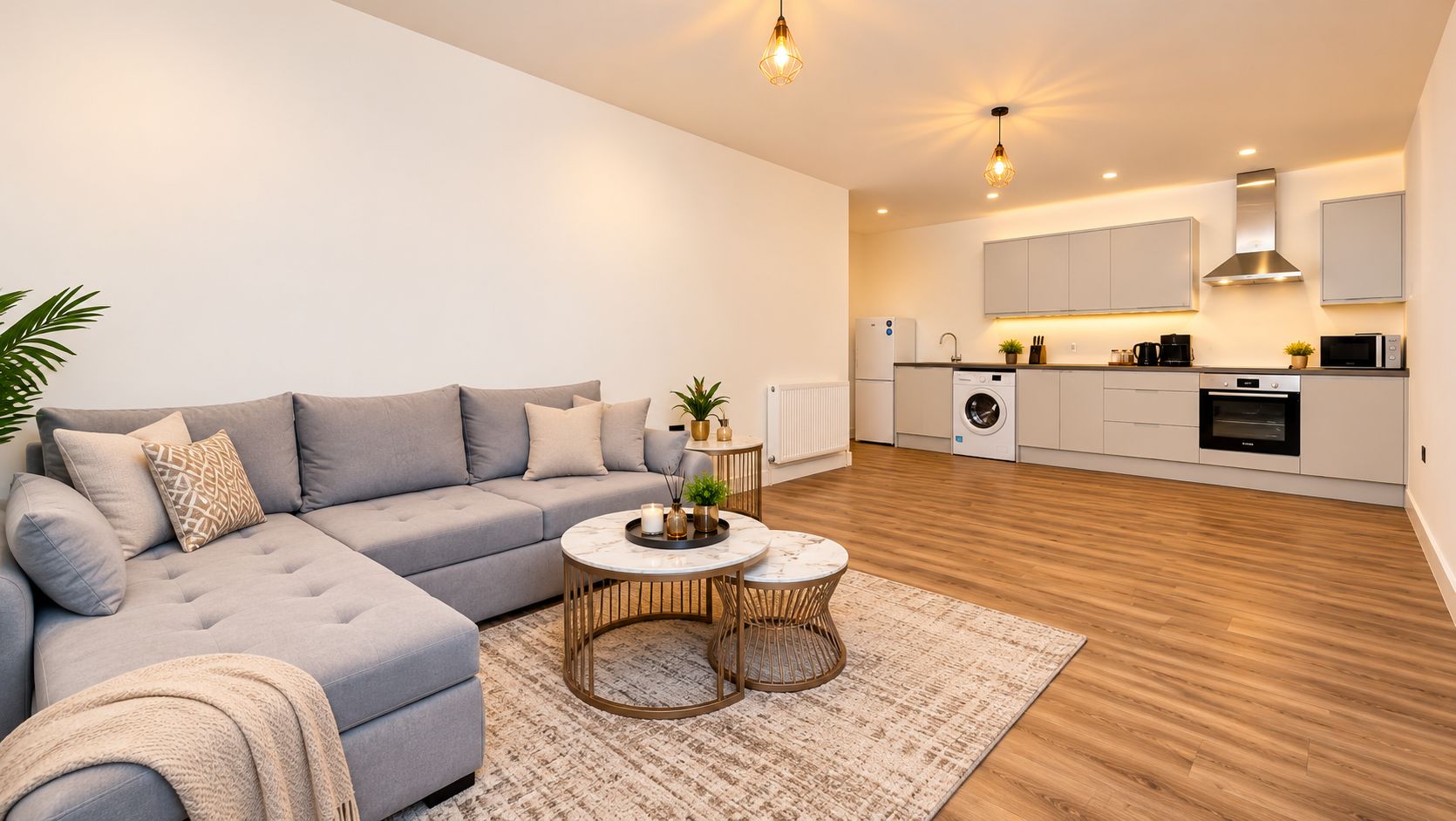 Una sala de estar moderna con un sofá gris, una mesa de centro redonda y una zona de cocina con armarios y electrodomésticos blancos.