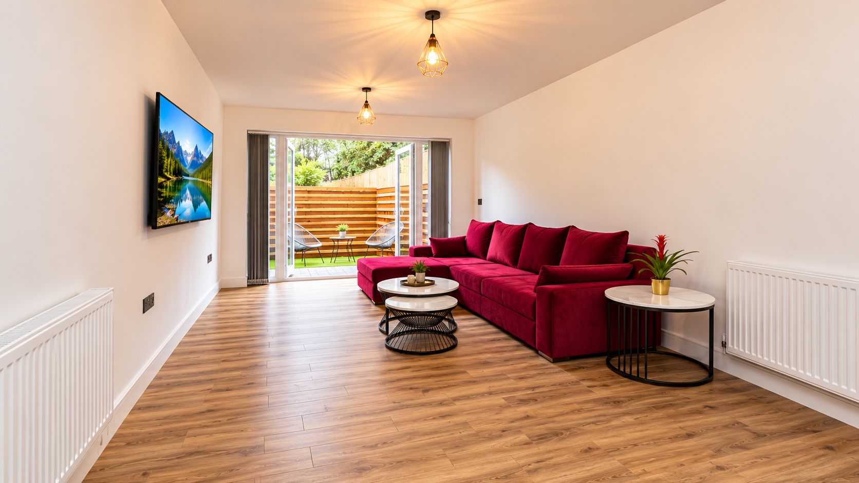 Una sala de estar moderna con un sofá rojo, dos mesas redondas y un ventanal con vista a una terraza de madera y vegetación.
