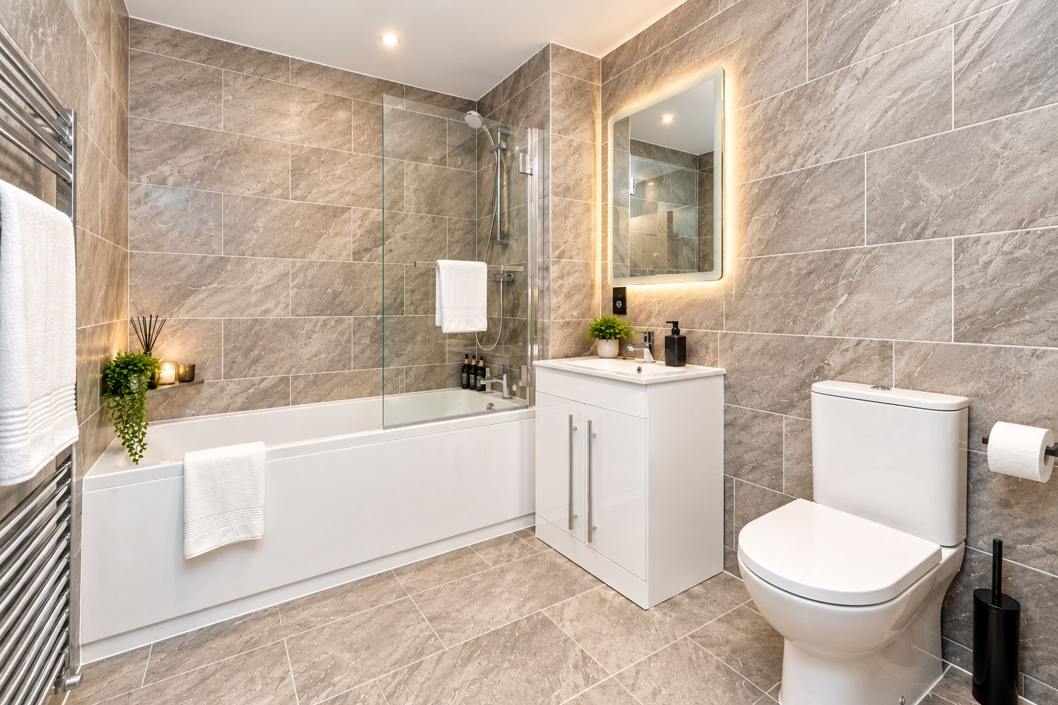 A modern bathroom with a glass-enclosed shower, a white bathtub, a sink with a mirror above, and a toilet.