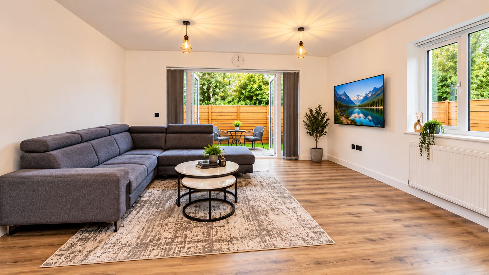 Uma sala de estar moderna com um sofá seccional, uma mesa de centro redonda e uma janela grande com vista para área verde.
