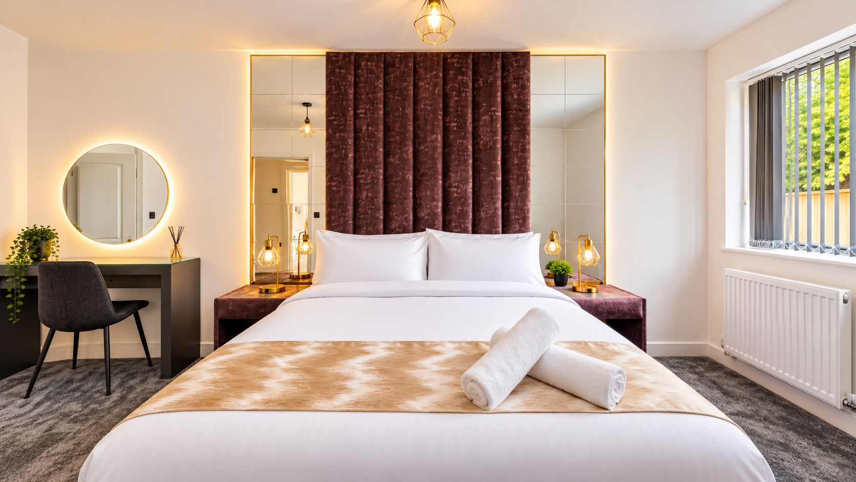 Ein Hotelzimmer mit einem großen Bett, einem Schreibtisch mit Stuhl, einem runden Spiegel und einem Fenster mit Jalousien.