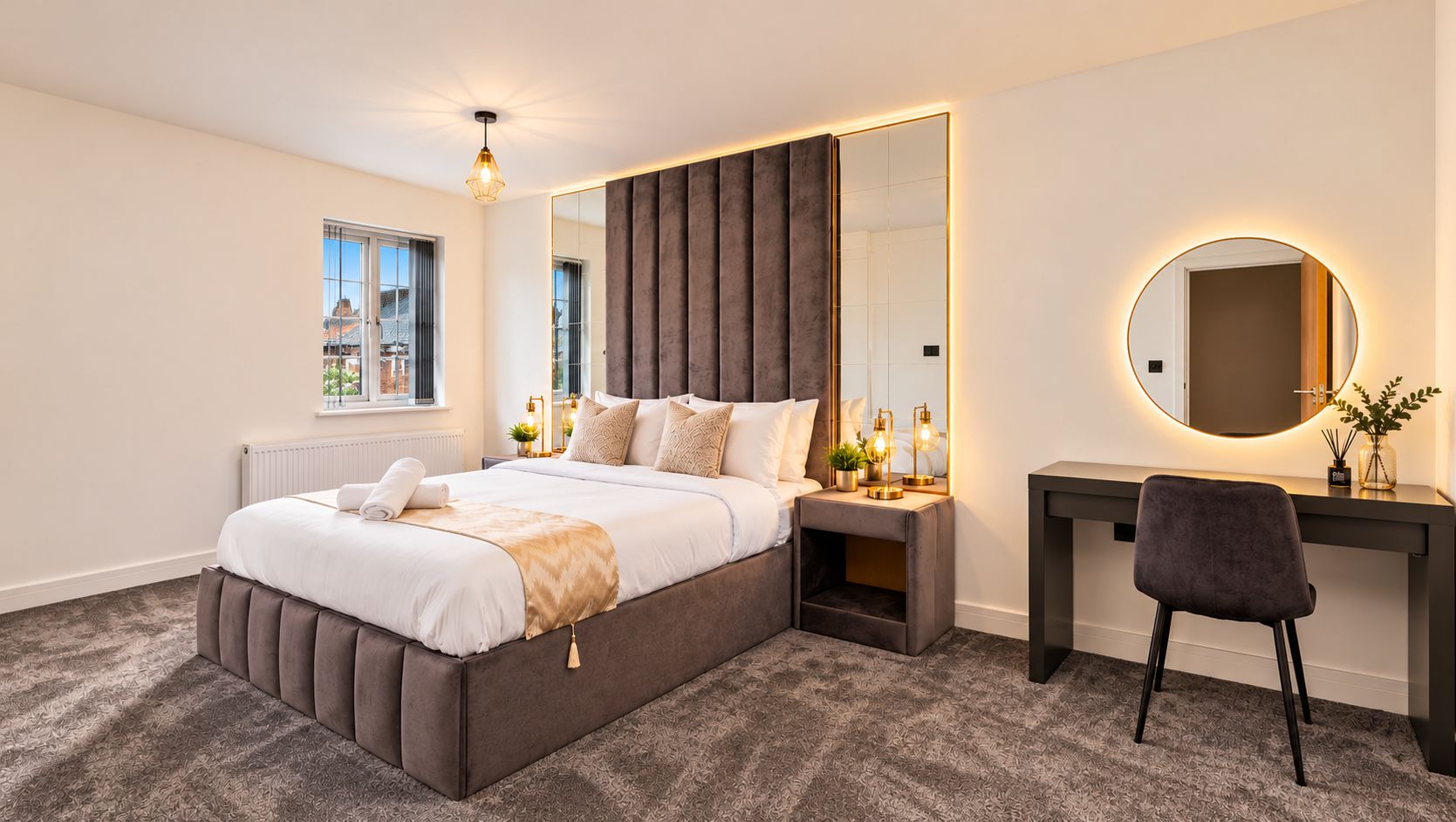 A modern bedroom with a large bed, bedside tables, a desk, and a mirror.