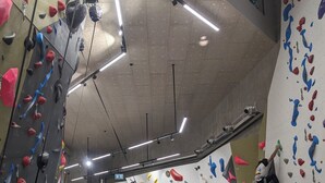 Ein Kletterzentrum mit mehreren Kletterwänden, gedämpfter Bodenbelag und Deckenbeleuchtung.