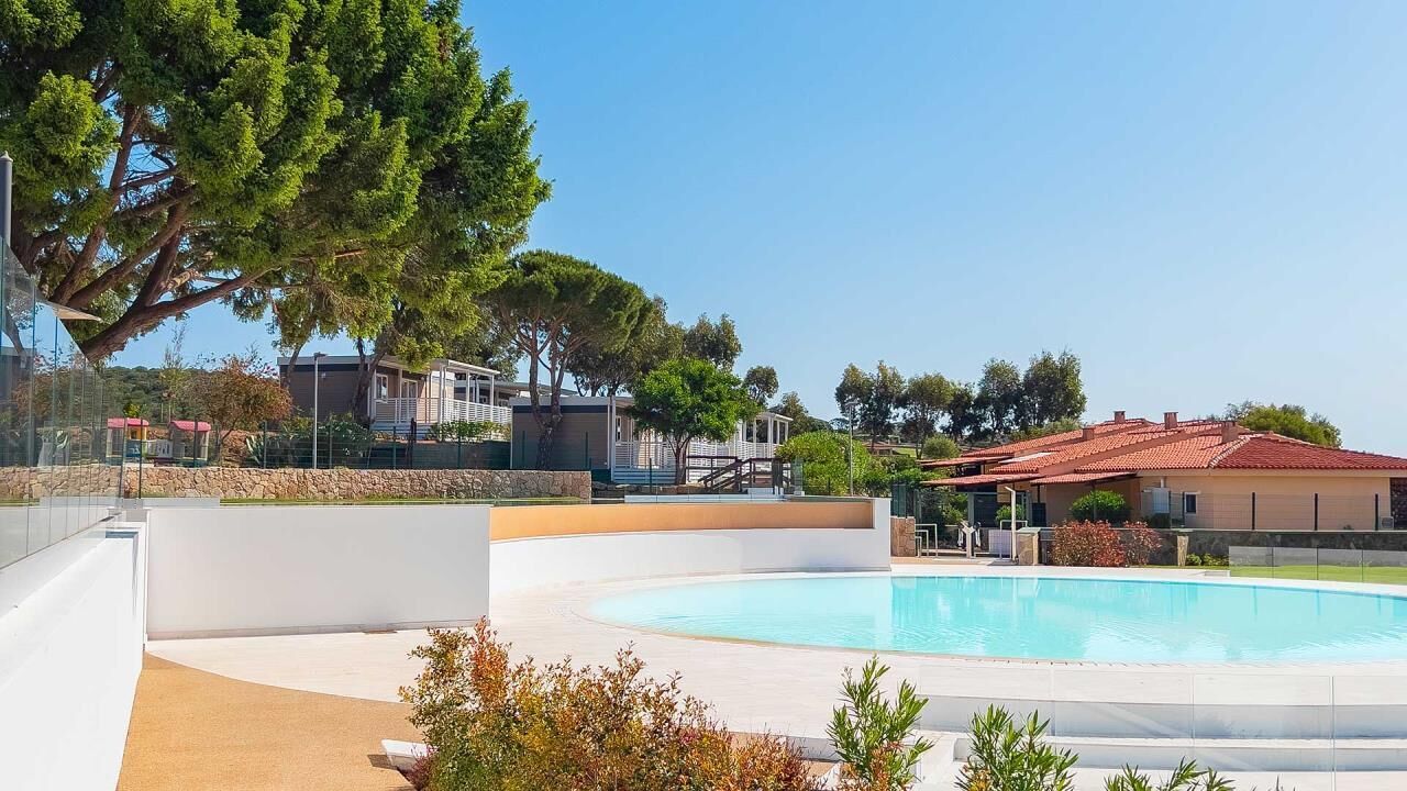 Ein Pool mit geschwungener Kante, umgeben von einer weißen Liegefläche und Grünpflanzen.