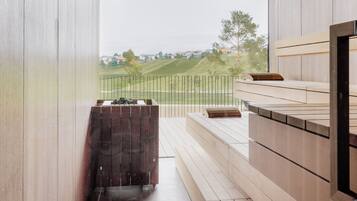 Een modern interieur met houten lambrisering, een ingebouwde bank en uitzicht op een groen landschap.