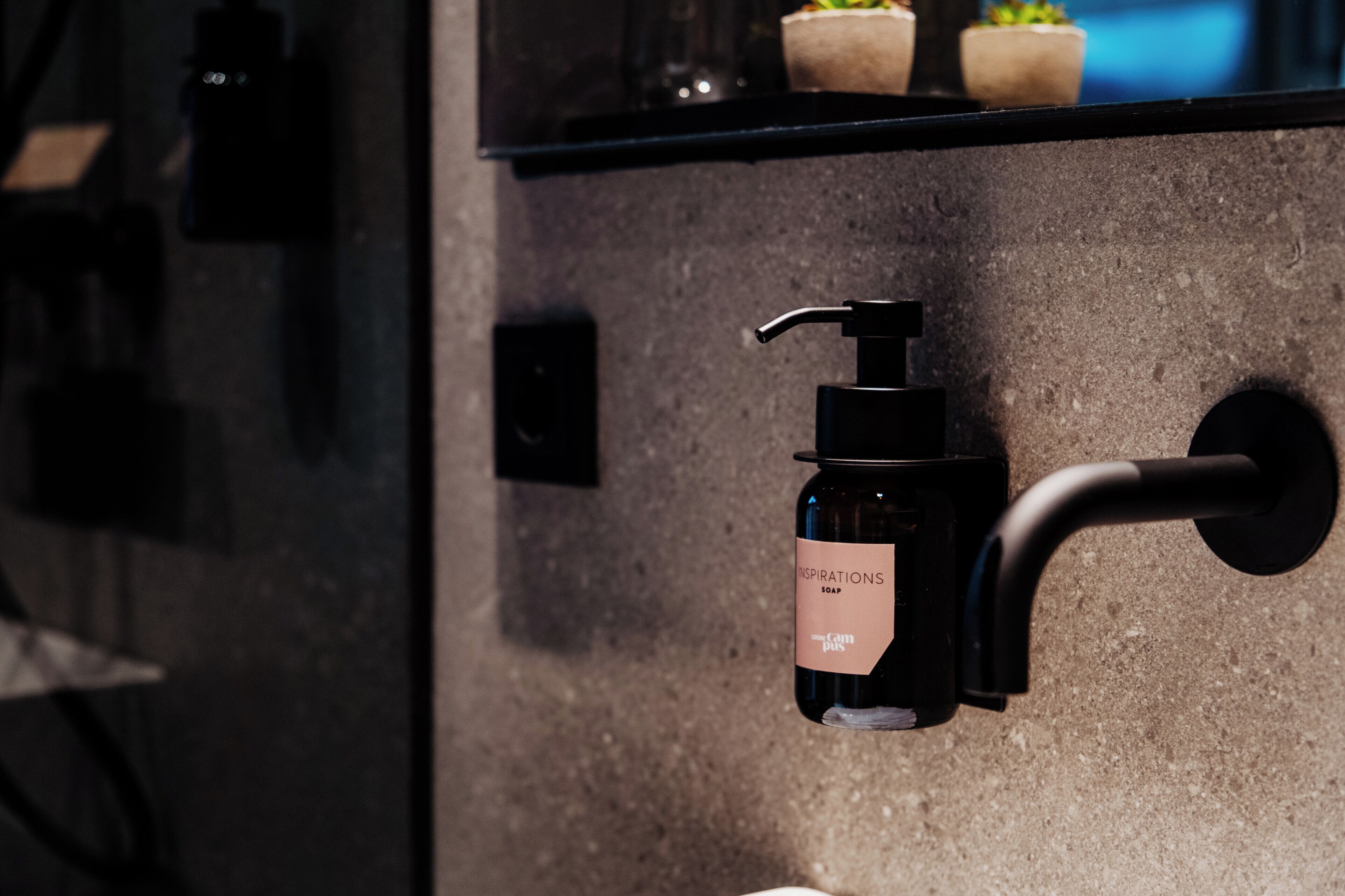 A bathroom with a black soap dispenser mounted on a wall, a small shelf above it, and a potted plant.