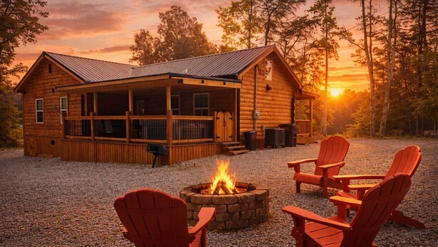A log cabin with a porch, a fire pit, and Adirondack chairs.