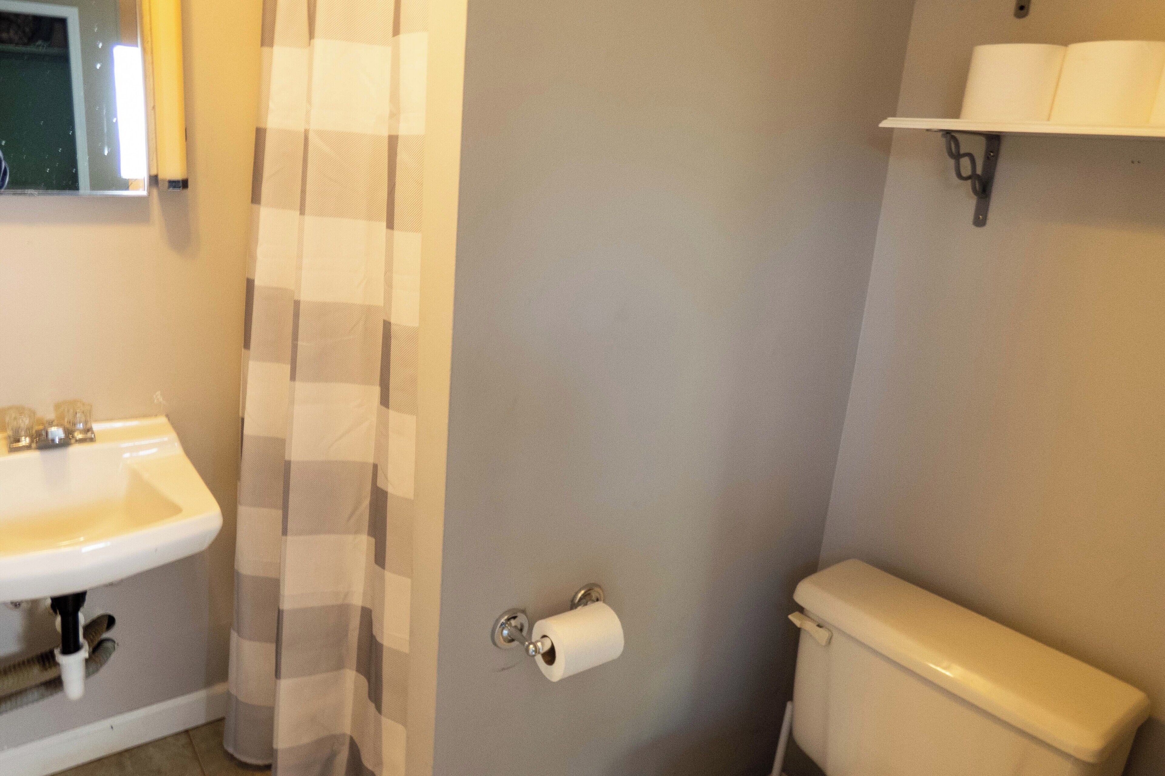 A bathroom with a sink, toilet, and a roll of toilet paper on the wall.